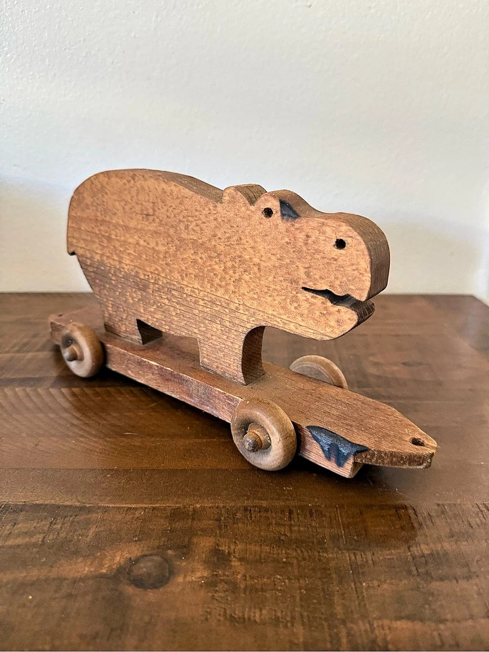 Vintage Wooden Hippopotamus Pull Toy on Wheels